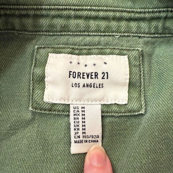 Forever 21 Green Denim Jean Army Military Jacket Patches Lightweight M - Picture 5 of 7